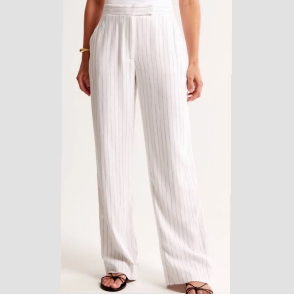 Abercrombie Linen-Blend Tailored Straight Pant White Stripes NWT M